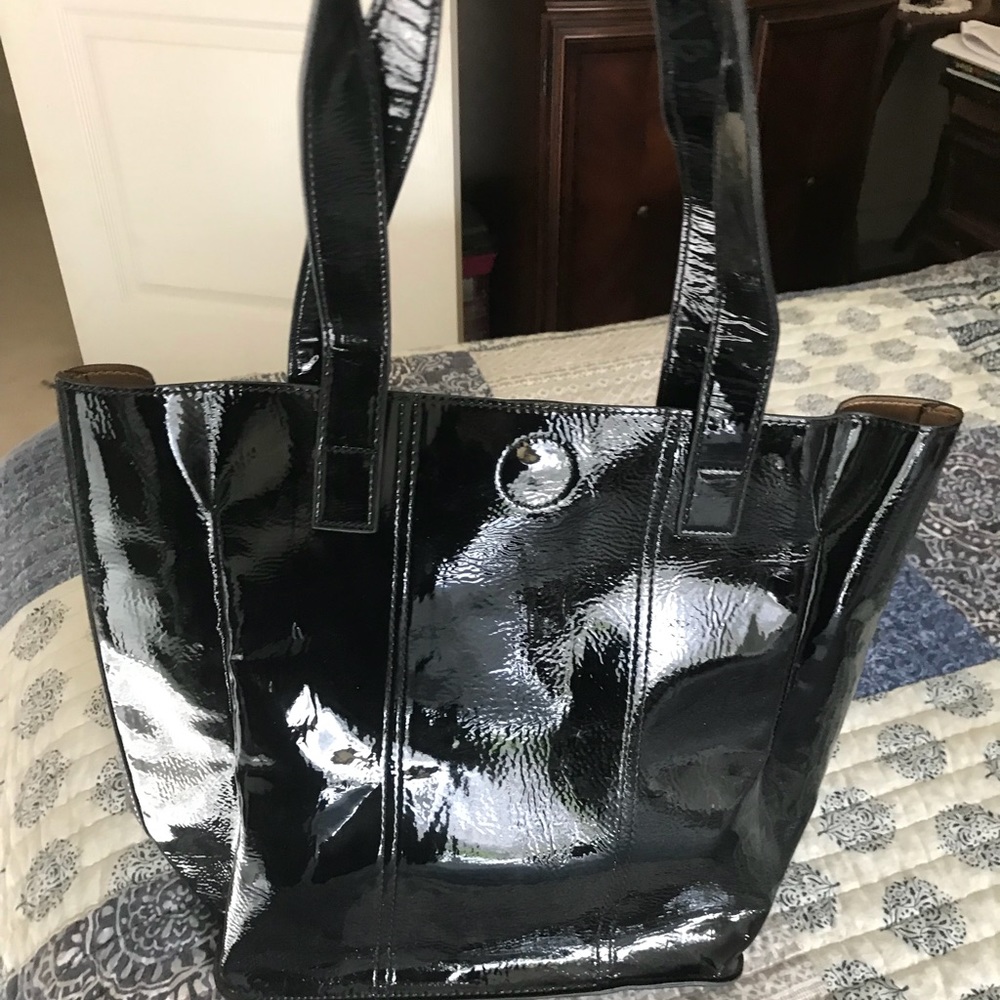 Black patent leather handbag